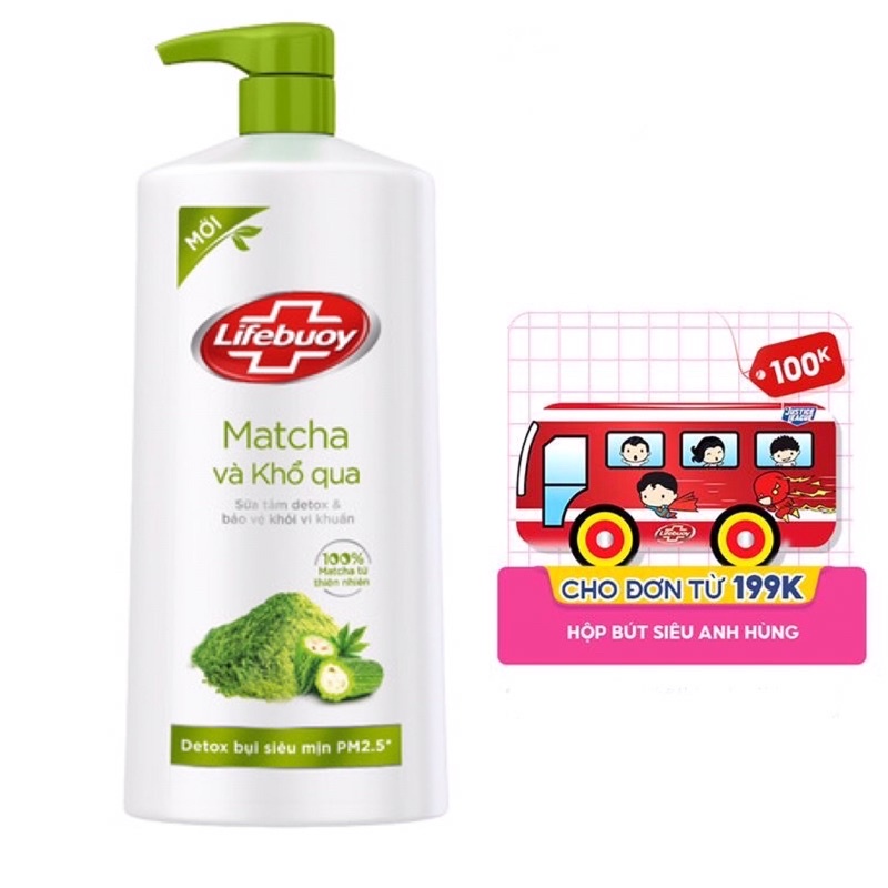 Bộ Sữa tắm detox diệt khuẩn Lifebuoy Matcha khổ qua 850g tặng bông tắm cao cấp