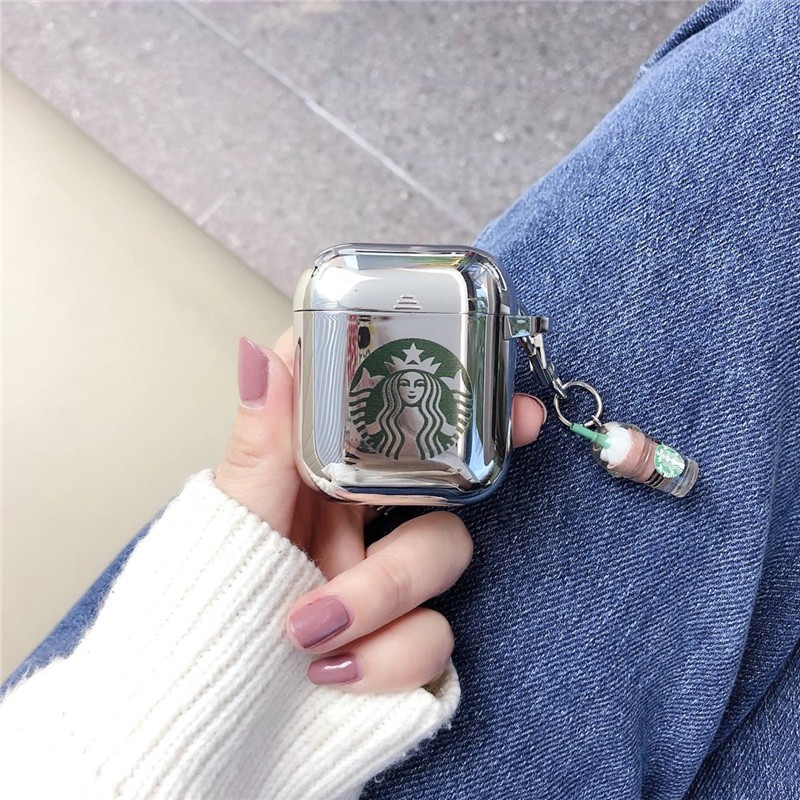 Vỏ bảo vệ hộp sạc tai nghe bằng TPU mạ điện mềm họa tiết Starbucks kèm mặt dây cho AirPods Pro AirPods 1 AirPods 2