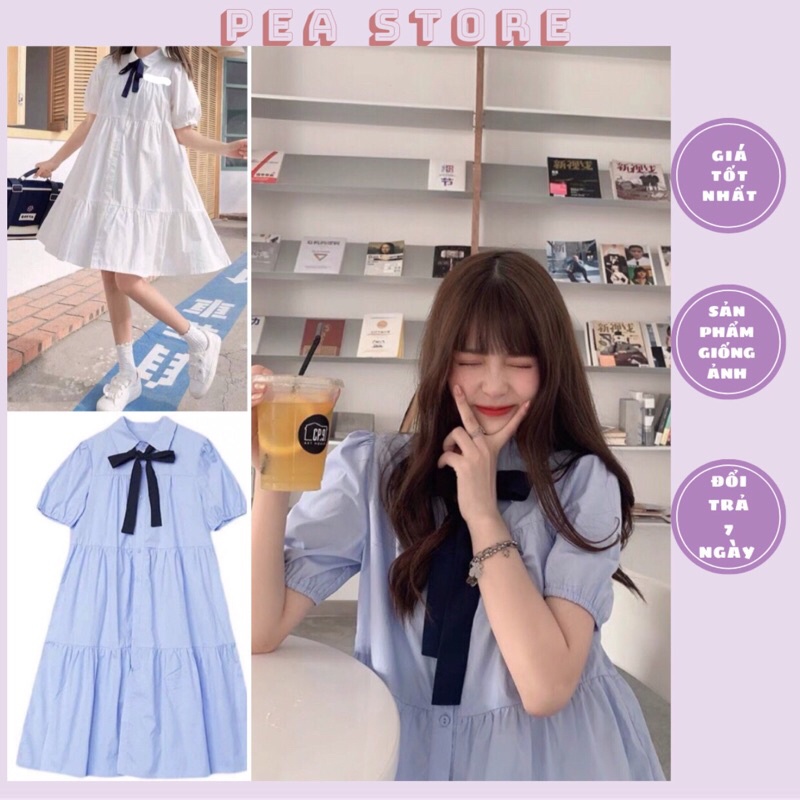 Váy sơ mi babydoll kèm nơ ullzang - Đầm sơ mi babydoll kèm nơ dáng xoè Pea Store (Hình thật/Sẵn)