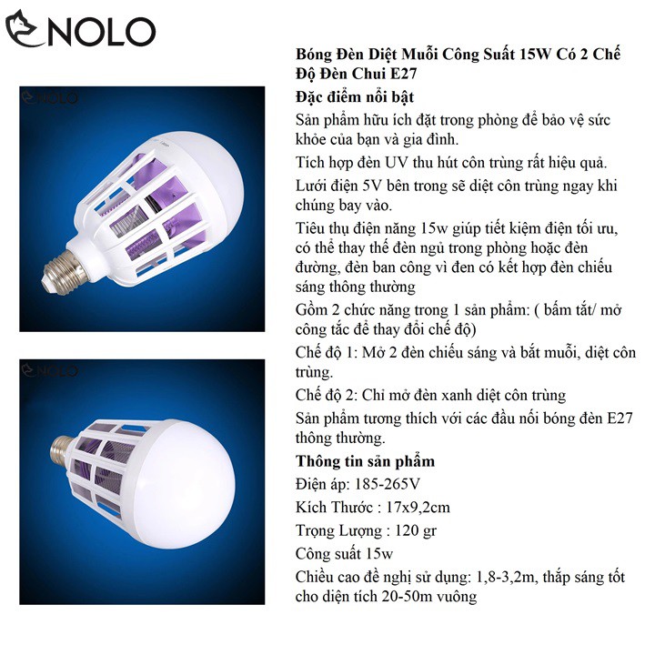 Bóng Đèn Bulb Diệt Muỗi Công Suất 15W Có 2 Chế Độ Đèn Chui E27