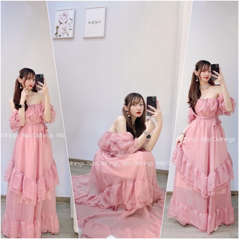 đầm maxi bẹt vai bèo tầng