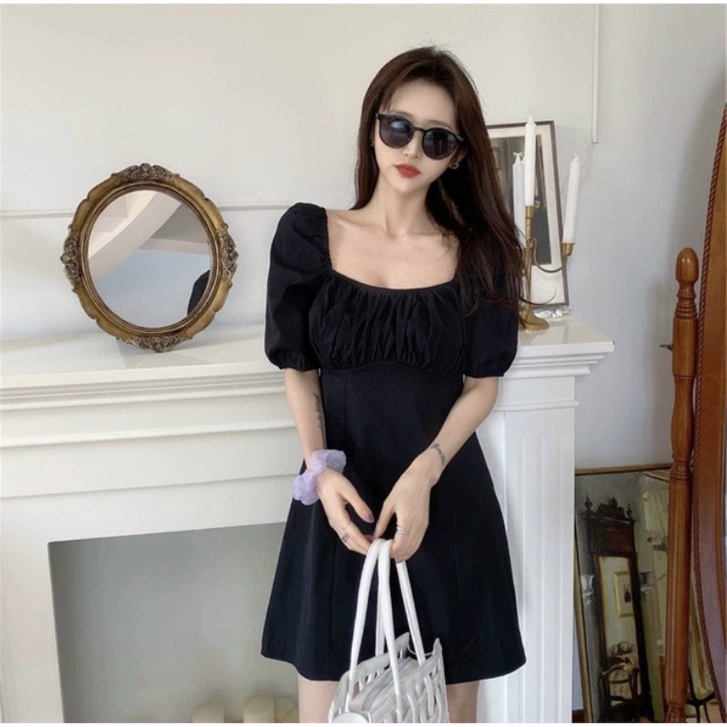 [NNY CLOTHING] Váy cổ vuông nhún ngực EMMA DRESS ĐEN - V014