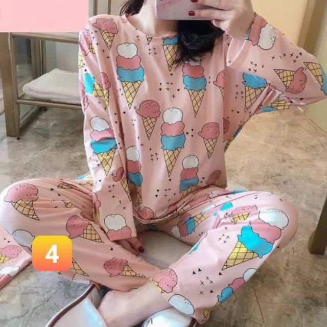 [Mã FASHIONT4WA2 giảm 10K đơn 50K] Bộ đồ ngủ thun dài tay thu đông họa tiết hoạt hình dễ thương ulzzang 2020