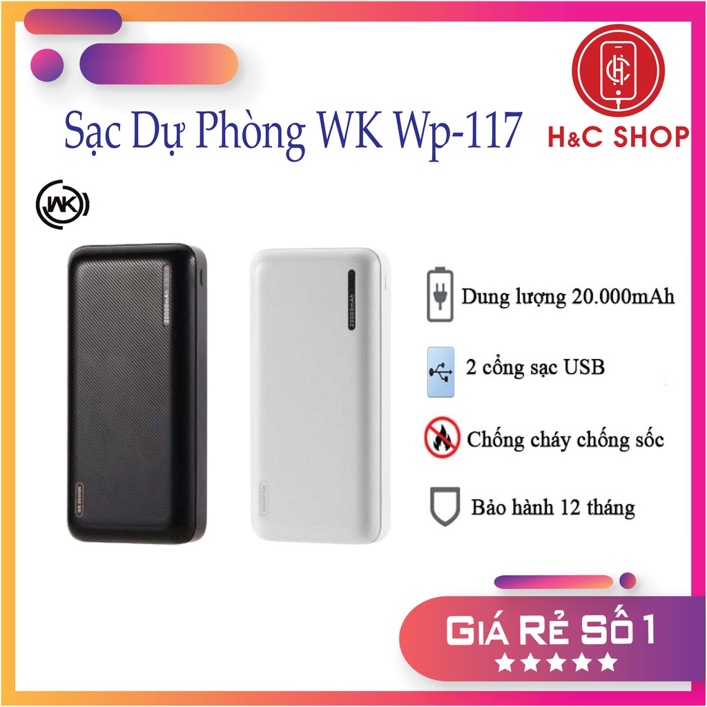 Sạc Dự Phòng 20000mah - Pin sạc Dự Phòng WK wp-117 20.000mAh 2 cổng Cam Kết hàng Chính Hãng