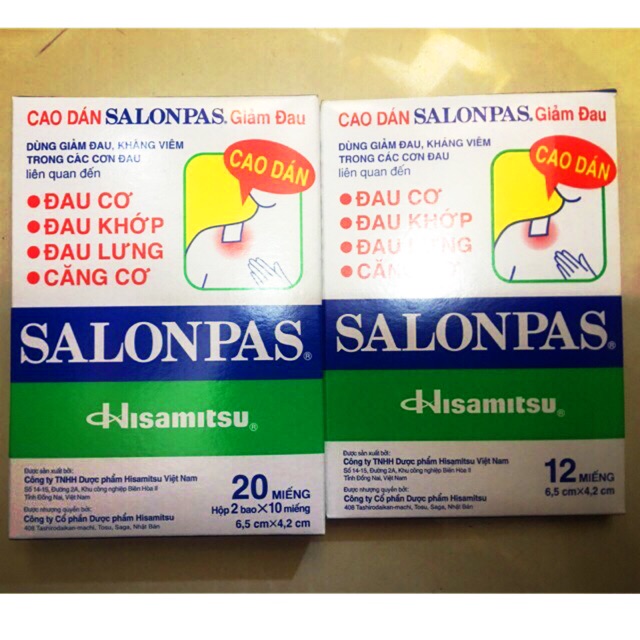 Cao dán Salonpas giúp hỗ trợ giảm đau cơ, đau khớp, đau lưng, đau vai, đau đầu, đau răng, căng cơ, mỏi cơ, bầm tím