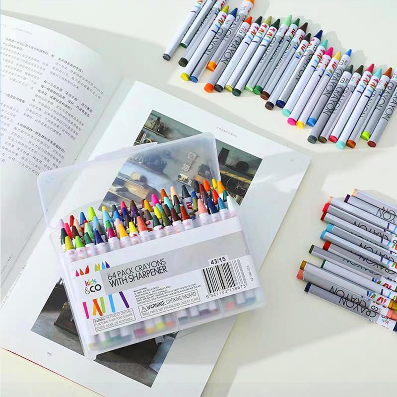 Bộ bút màu sáp 64 chi tiết  bảo đảm an toàn cho trẻ loại mới có hộp đựng bằng nhựa