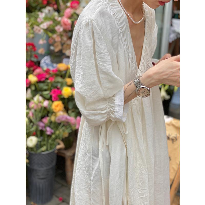 Đầm Chữ A Tay Phồng Cổ Chữ V Cột Dây Đơn Giản Thời Trang Hàn Quốc Cho Nữ