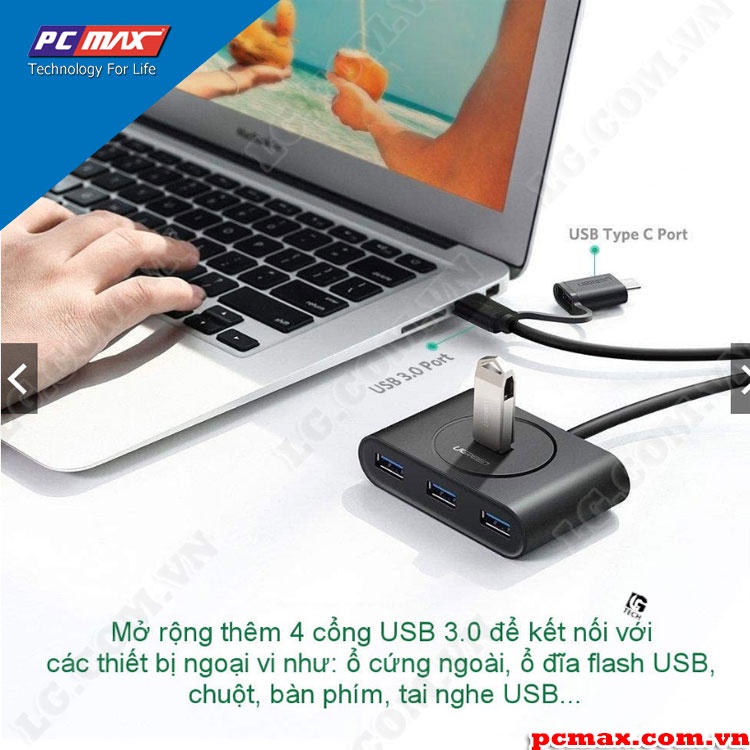 Bộ chia cổng USB 3.0 / USB type C sang 4 port USB 3.0 dài 1m Ugreen 40850 - Hàng chính hãng