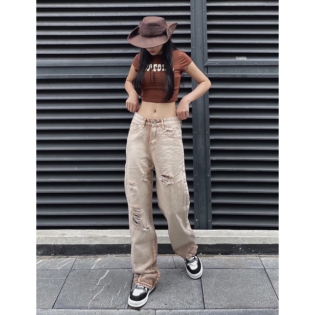 Quần Jeans Nâu rách nam nữ unisex QB1011