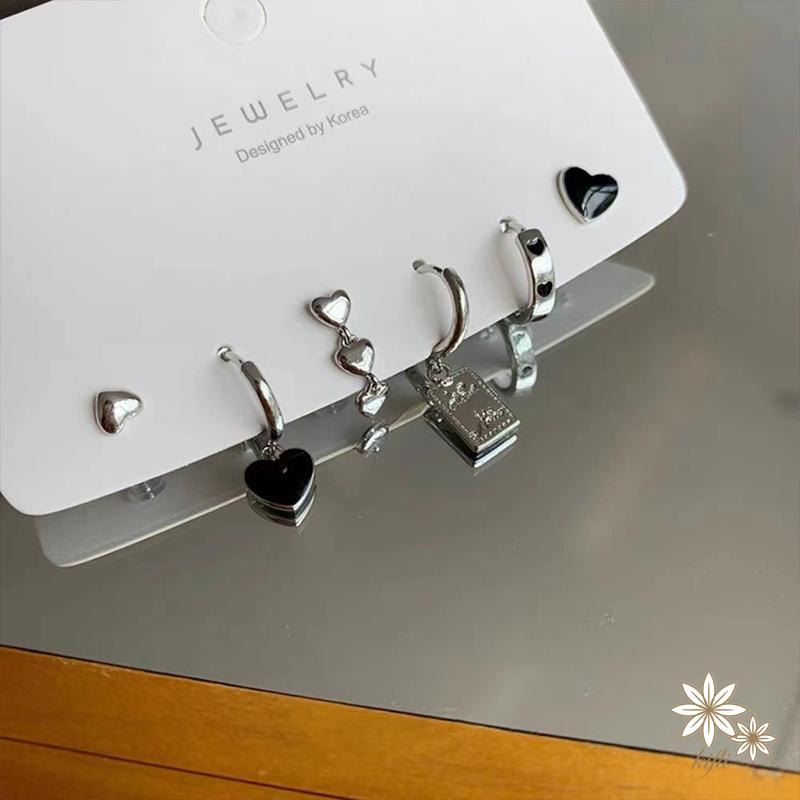 Set 6 Khuyên Tai Tua Rua Hình Trái Tim Màu Đen Phong Cách Hàn Quốc Cho Nữ