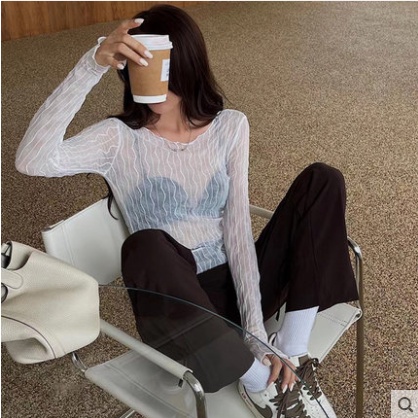 Áo lưới ren mỏng tay dài cổ tròn thời trang cho nữ MS275