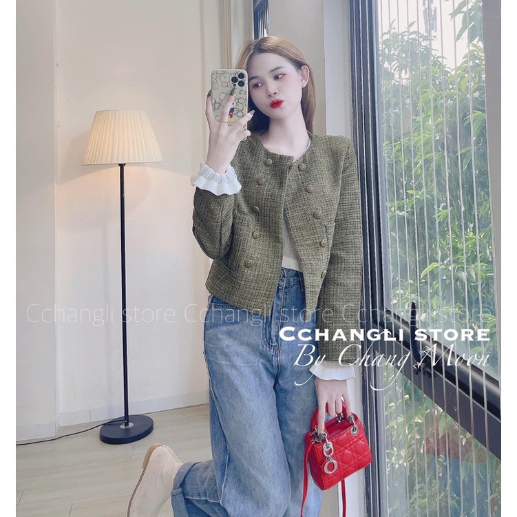 Áo Dạ Tweed xanh rêu cúc đồng ,áo 2lớp form đứng siêu sang