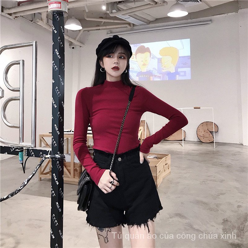 Áo thun tay dài cổ cao màu trắng đen thời trang xuân thu ZRL92021 cho nữ