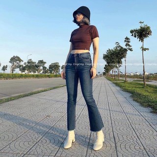 Bán sỉ quần jean xanh ống loe rách lai tua rua cho nữ