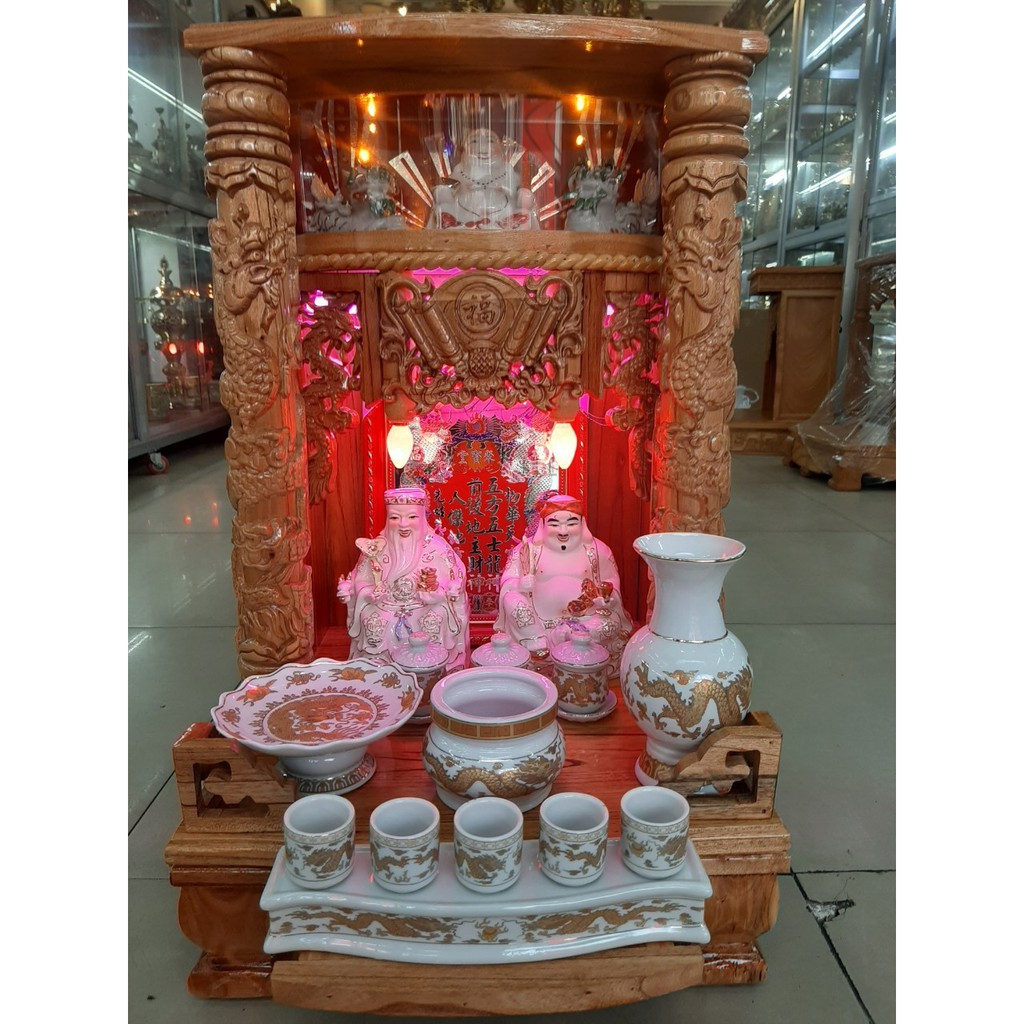 COMBO Bàn thờ Thần Tài Ông Địa giá rẻ đẹp gỗ Xoan ngang 42 cao 68 , Bộ Combo 9 món - Đồ Thờ Thắng Duyên Đại Phát