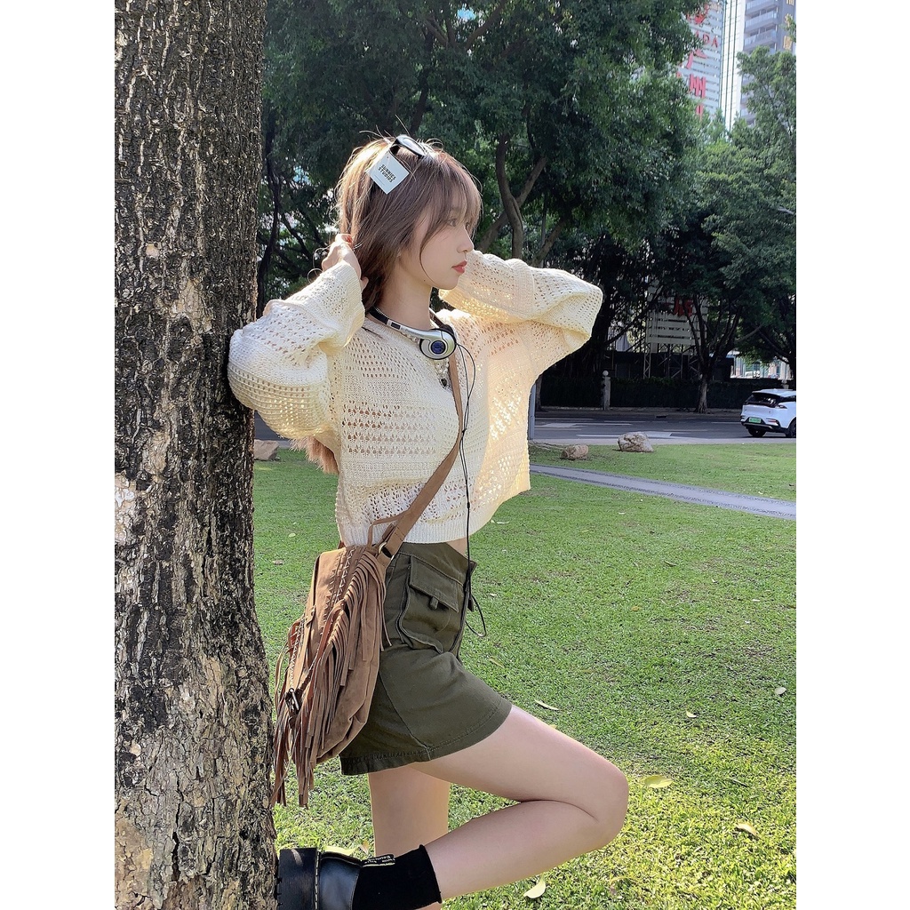 Porozi  Áo sweater  len tay dài/ Chân váy jean lưng cao thời trang nữ tính