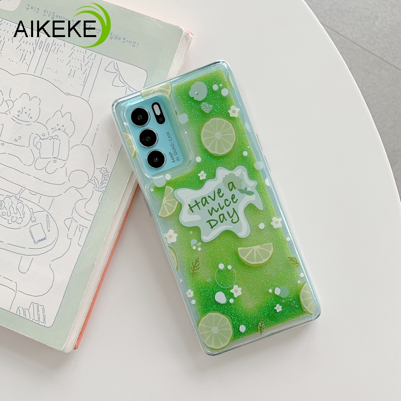 Ốp điện thoại kim tuyến nước họa tiết quả đào/chanh cho OPPO Reno 6 5 4 3 Pro SE 5G R17 R15X K1 R11 R11S R15 F11 Pro