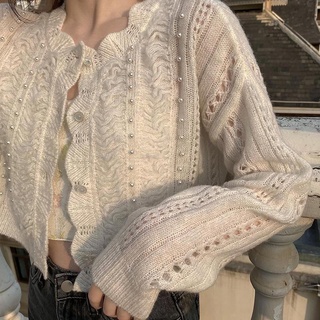Áo khoác cardigan dệt kim mỏng chống nắng đính hạt phong cách hoài cổ thời trang