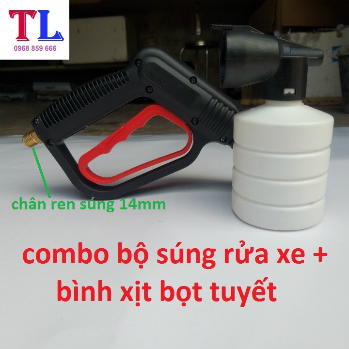 súng xịt rửa xe áp lực cao + Bình tạo bọt tuyết xà bông gắn cho máy rửa xe áp lực cao [bình bọt 0.5L + cò đỏ 14mm ]