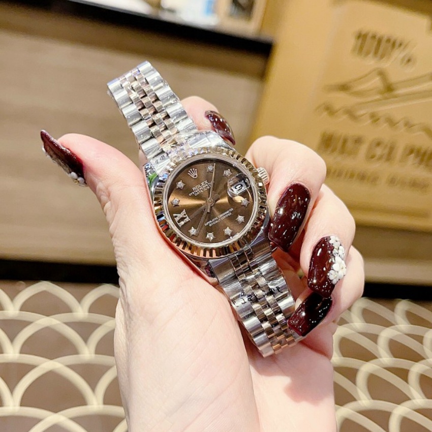 Đồng hồ nữ dây kim loại R0lex size 32mm niềng trơn máy cơ Automatic fullbox, chống nước, vỏ thép không gỉ, đồng hồ nữ c
