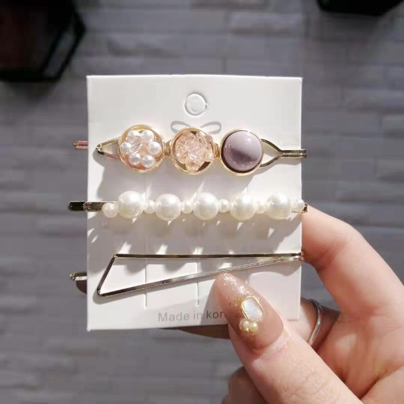 Set 3 kẹp tóc kim loại mix hạt ngọc FUHA, cặp tóc nữ đính đá phong cách Hàn Quốc
