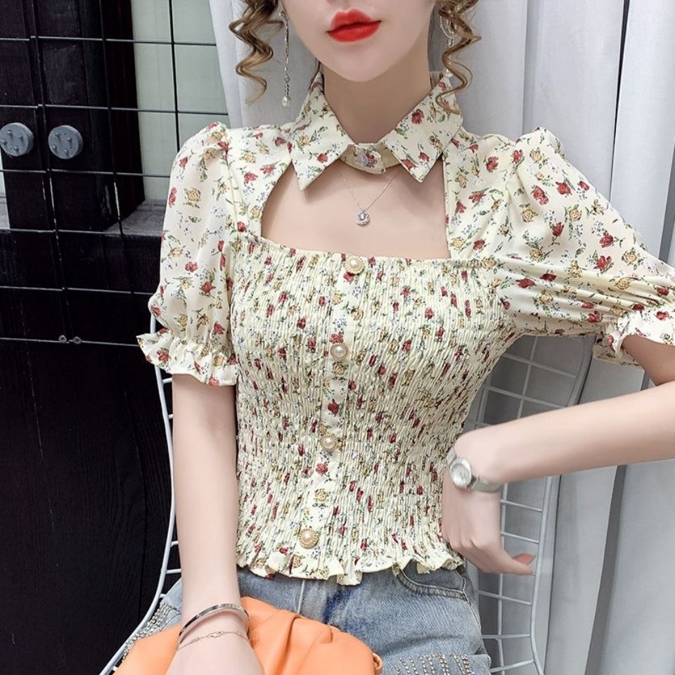 AMOI Áo Kiểu Tay Ngắn Cổ Vuông Chiết Eo In Họa Tiết Hoa Thời Trang 2022 Xinh Xắn Cho Nữ