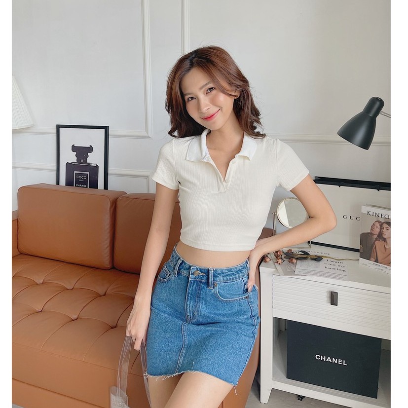 Áo croptop thun HEYBEE có cổ siêu co giãn, màu xanh chấm bi dễ thương - RAINA CROPTOP HT673