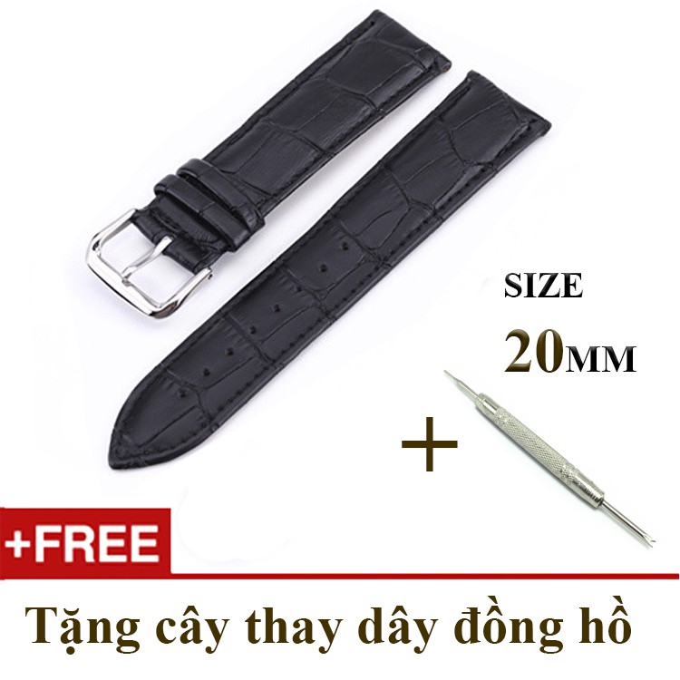 Dây đồng hồ da cao cấp SIZE 20mm màu đen (đen-B803)