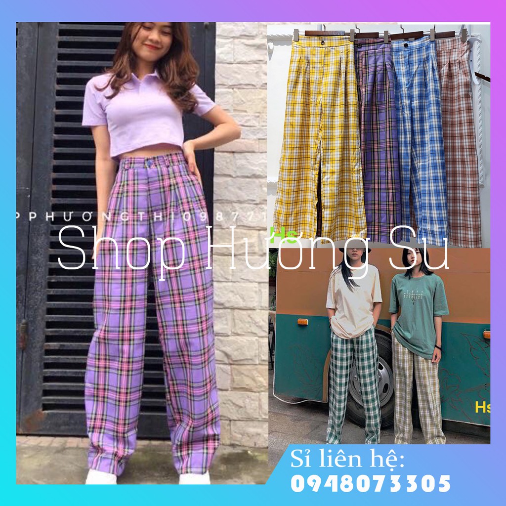 Quần Ống Rộng Dáng Suông Kẻ Ca rô - Quần Culottes Cạp Cao Có Cúc Siêu Hack Dáng-HươngSu (Q058)