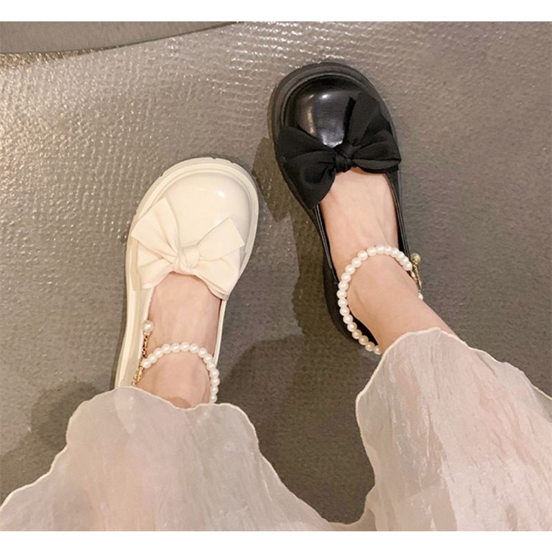 Giày Lolita Nữ Quai Ngọc Mũi Nơ, Giày Búp Bê Nữ Phong Cách Hàn Quốc