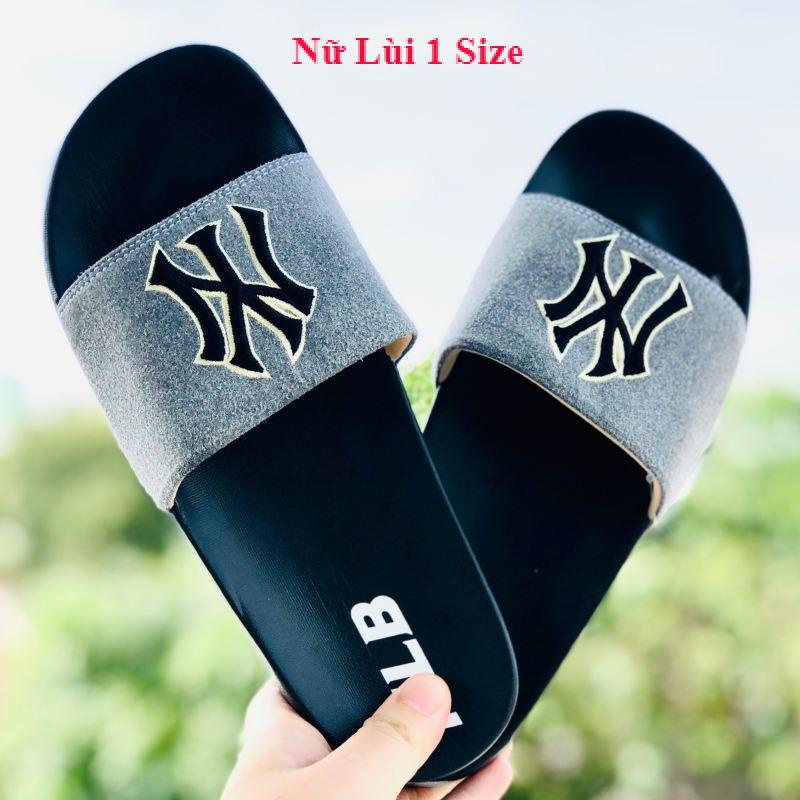 Dép unisex 𝐌𝐋𝐁 ❤️FREESHIP + Hộp❤️ dép mlb bóng chày quai ngang thể thao nữ in NY da lộn, đế ip bền, đen-xám
