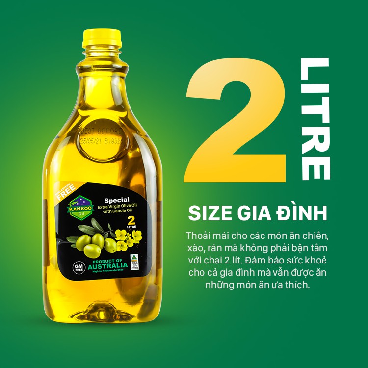 Chai 2 lít dầu Oliu hạt cải Kankoo nhập khẩu Úc - Dầu Olive pha hạt cải ép lạnh nguyên chất chuyên chiên xào an toàn