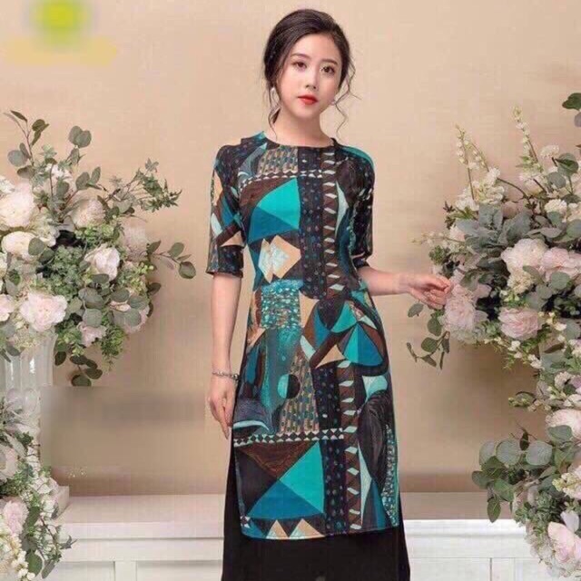 Áo dài xanh hoạ tiết bigsize