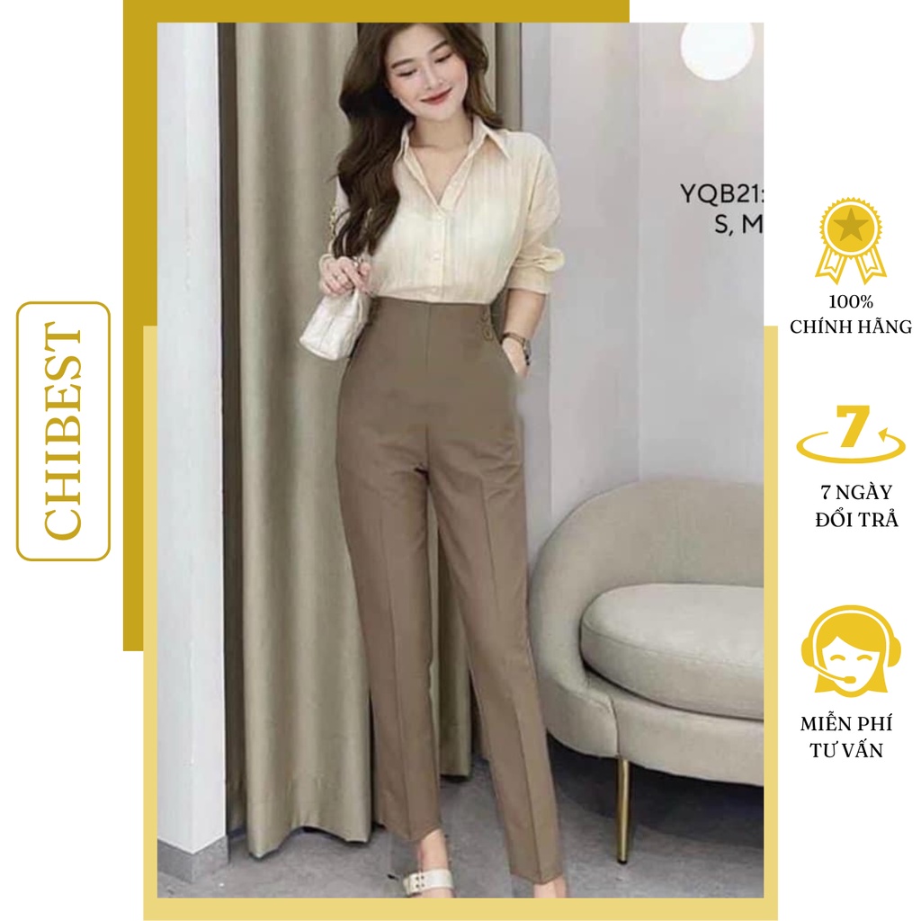 Quần tây nữ công sở kiểu quần baggy nữ TM 2 khuy sườn lưng cao ống đứng CHIBEST YQB21