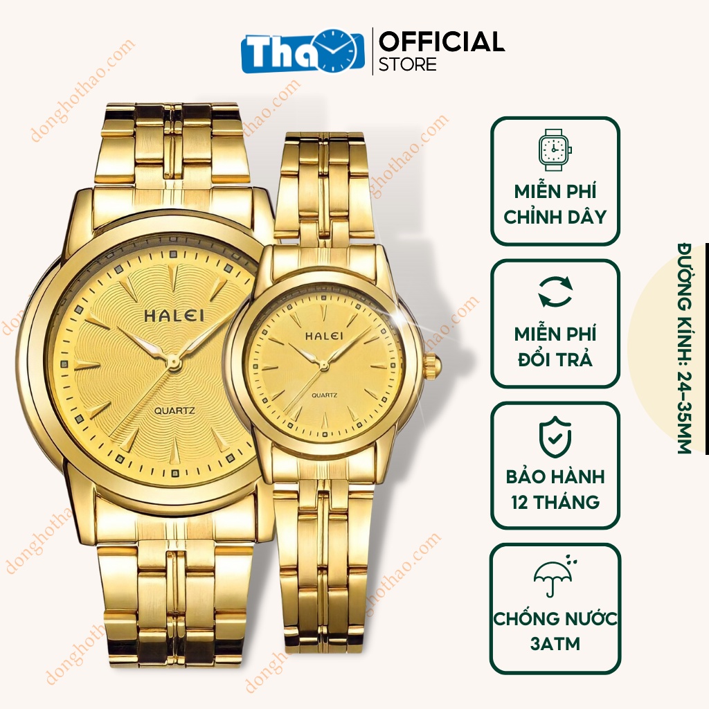 Đồng Hồ Cặp Đôi Halei 348 Dây Vàng Mặt Vàng