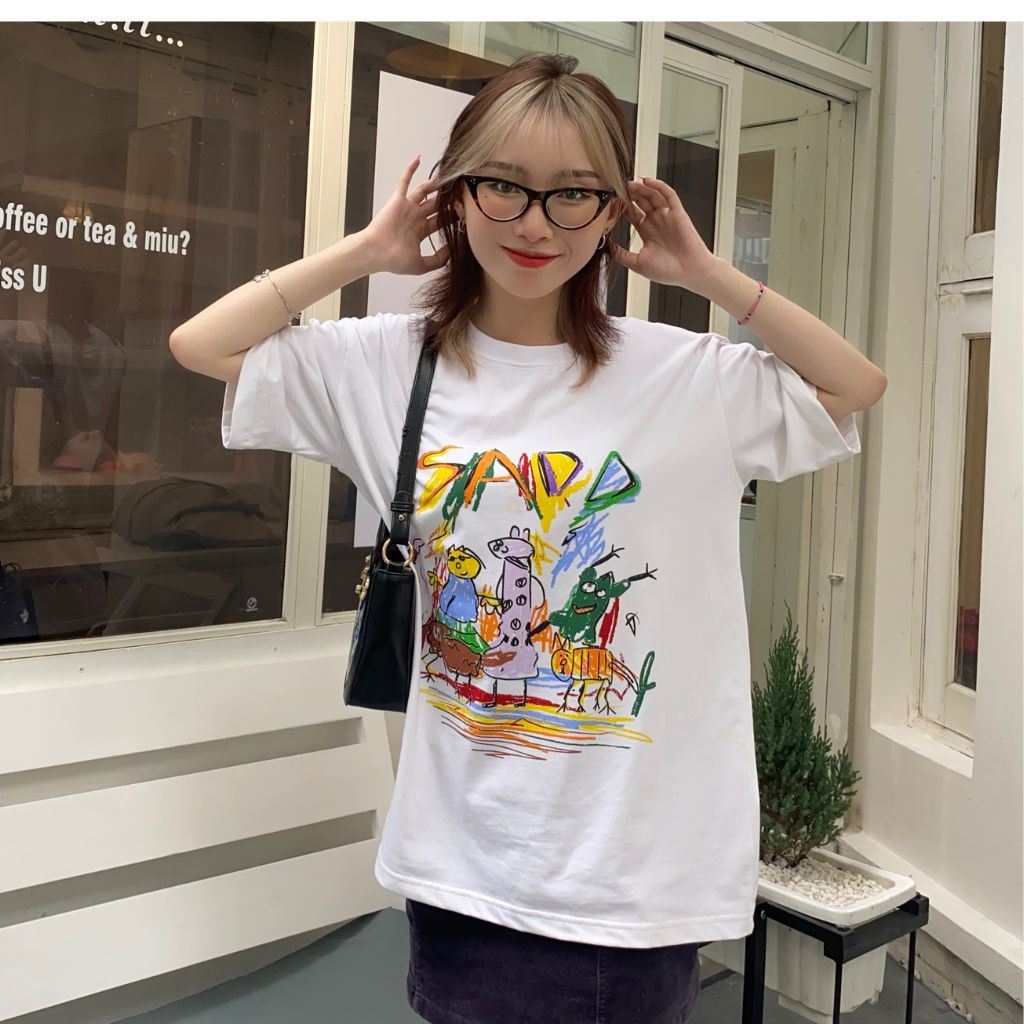Áo thun tay lỡ Baby Drawing/White phông Unisex cotton 100% oversize form rộng dành cho nam nữ
