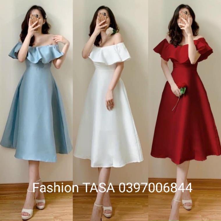 H3N Đầm dự tiệc trễ vai phối bèo tiểu thư dáng xòe thiết kế sang chảnh trắng xanh đỏ noel xuân Tết