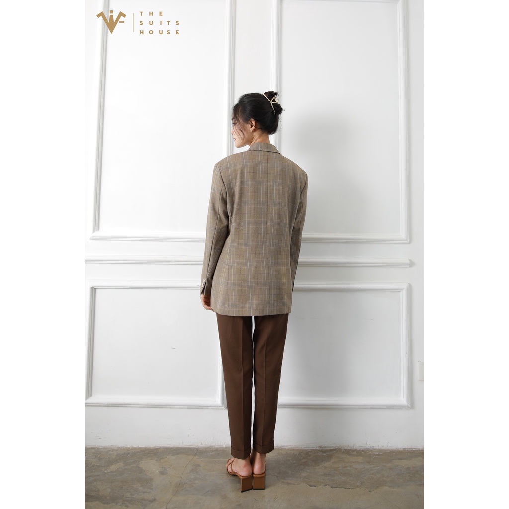 Bộ vest nữ nâu kẻ ô 2 khuy túi đắp, suits sartorial chất cashmere The Suits House