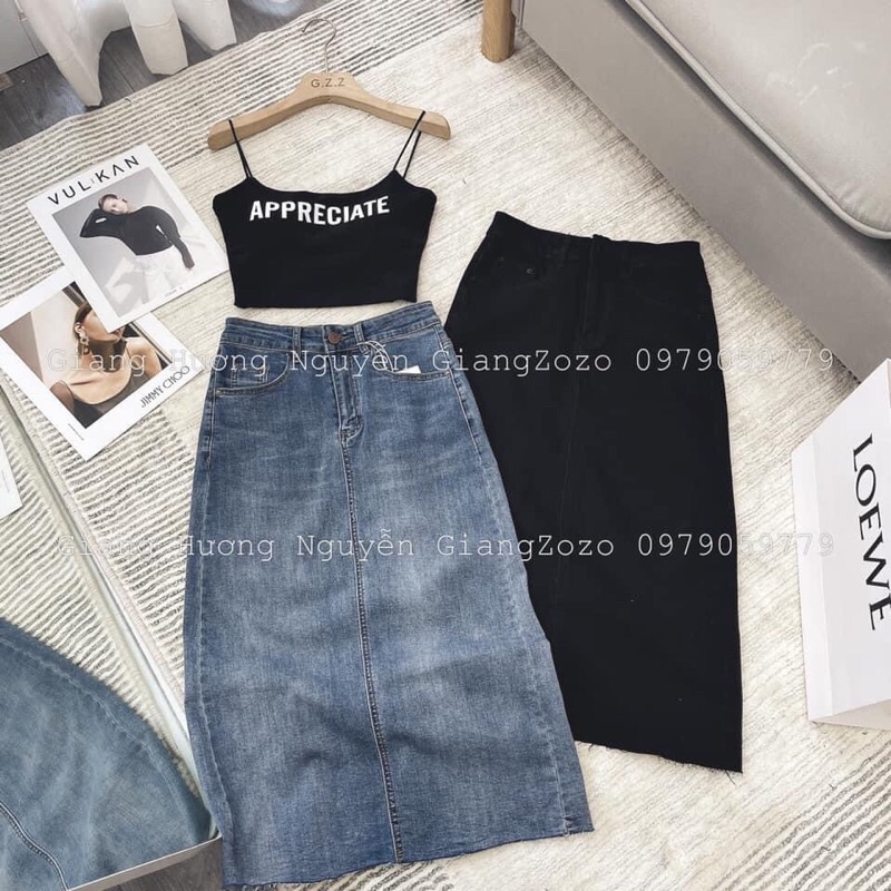 Chân váy jean dài xẻ sau chất co dãn hàng QCL1