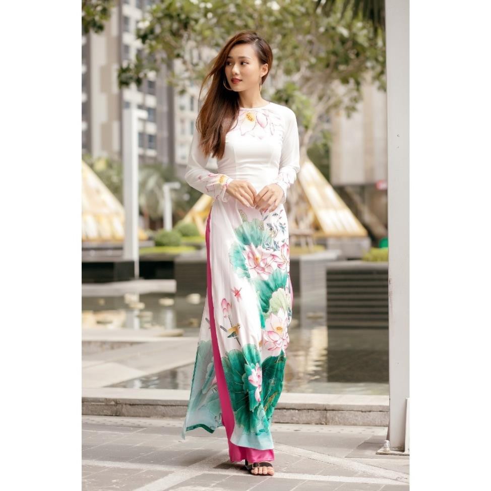 Áo dài truyền thống nữ trắng cổ tròn vải lụa in hoa sen có nhiều size | BigBuy360 - bigbuy360.vn