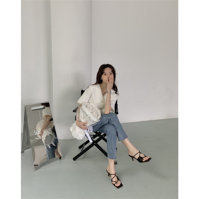 Giày cao gót phong cách Hàn Quốc thời trang mùa hè 2022 mũi vuông phối dây chéo mỏng dành cho nữ