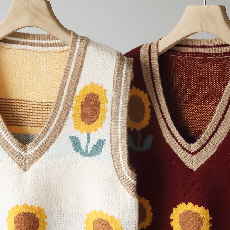 Áo Sweater Dệt Kim Sát Nách Cổ Chữ V In Hoa Hướng Dương Thời Trang Mùa Thu Cho Nữ 176063 | BigBuy360 - bigbuy360.vn