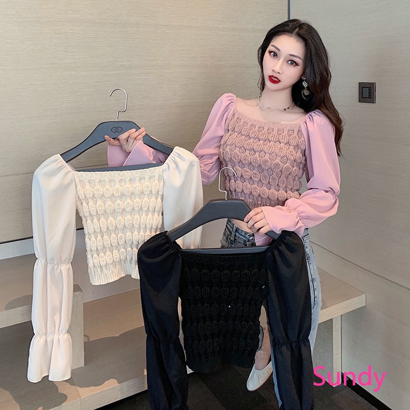 Áo Dệt Kim Tay Dài Cổ Vuông Phối Voan Xinh Xắn Thời Trang Cho Nữ
