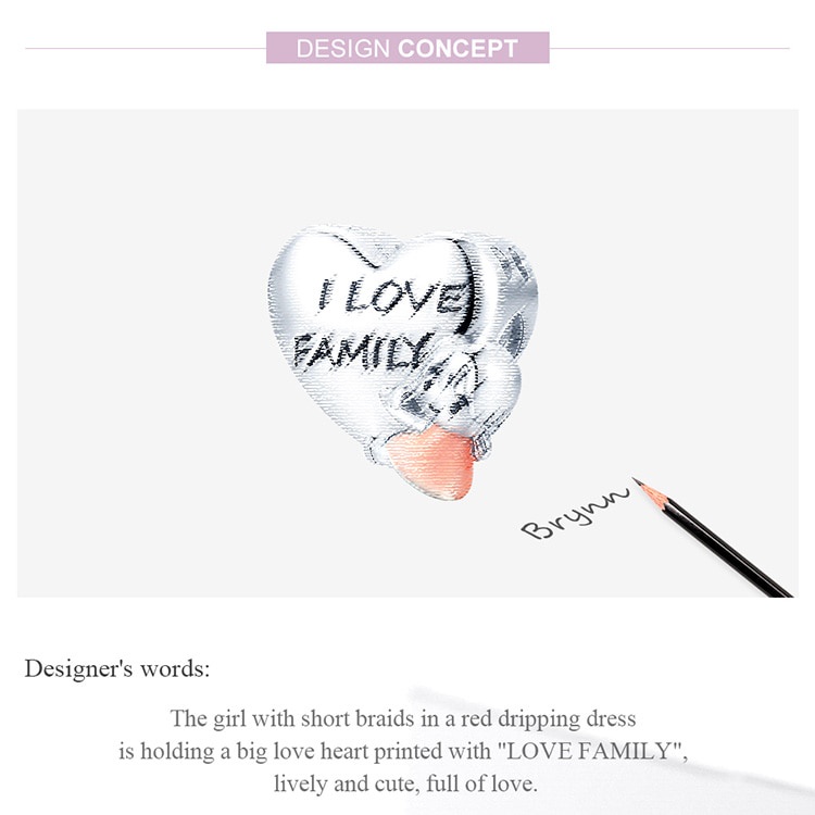 Charm trang sức Bamoer BSC478 hình trái tim khắc chữ I Love Family dùng làm vòng tay dành cho nữ và trẻ em