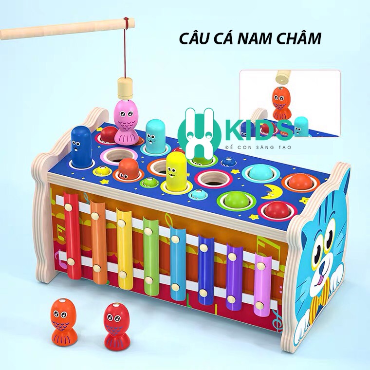 Đồ chơi giáo dục sớm cho bé bằng gỗ kèm trò chơi đập chuột, câu cá nam châm, đàn gõ phím piano trẻ em từ 1 - 4 tuổi