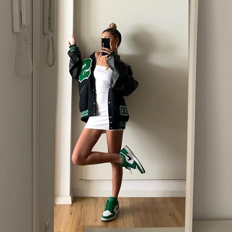 DUNEA Áo khoác bóng chày chất liệu da thêu chữ phong cách hip hop thời trang cho nữ