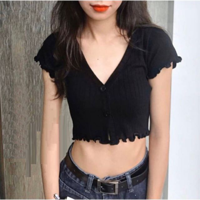 Áo Croptop Cổ Tim Cuốn Biên Màu Tím, Đen, Trắng