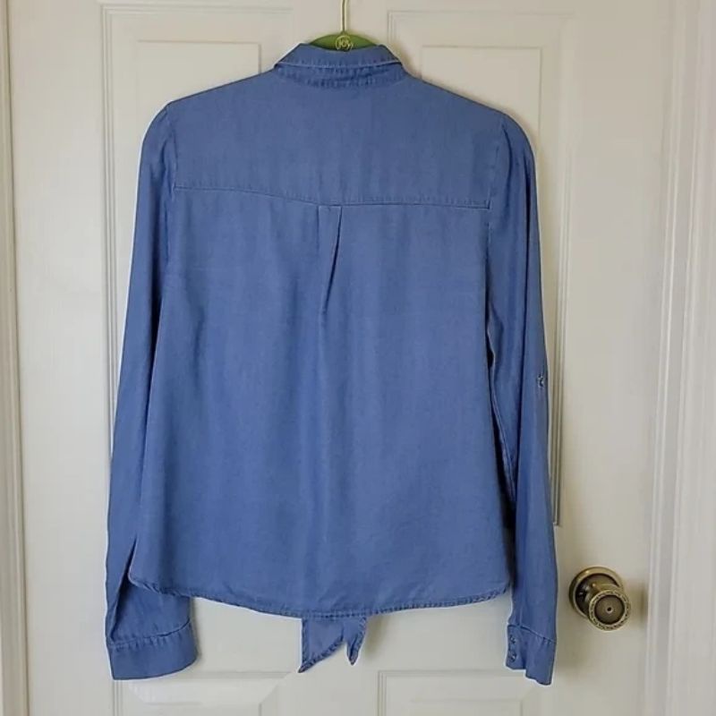 Áo sơ mi denim VNXK jeans blouse tie front áo bò jean giấy tay dài cột nơ trước xuất khẩu dư xịn