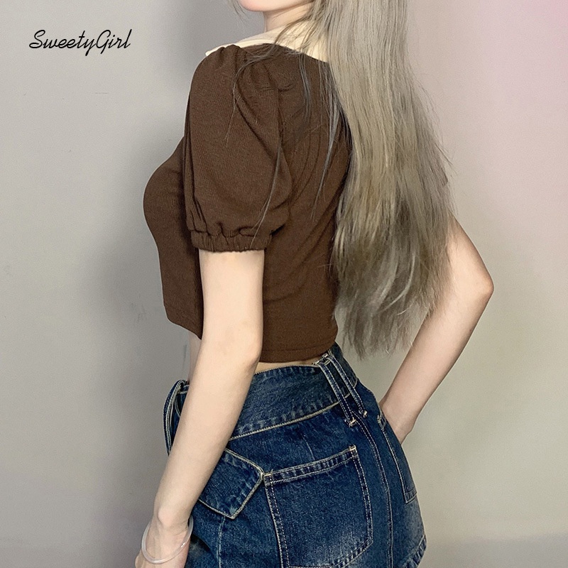 Áo Thun Tay Ngắn Phồng Cổ Chữ V In Chữ Màu Sắc Tương Phản Thời Trang Cho Nữ 2022