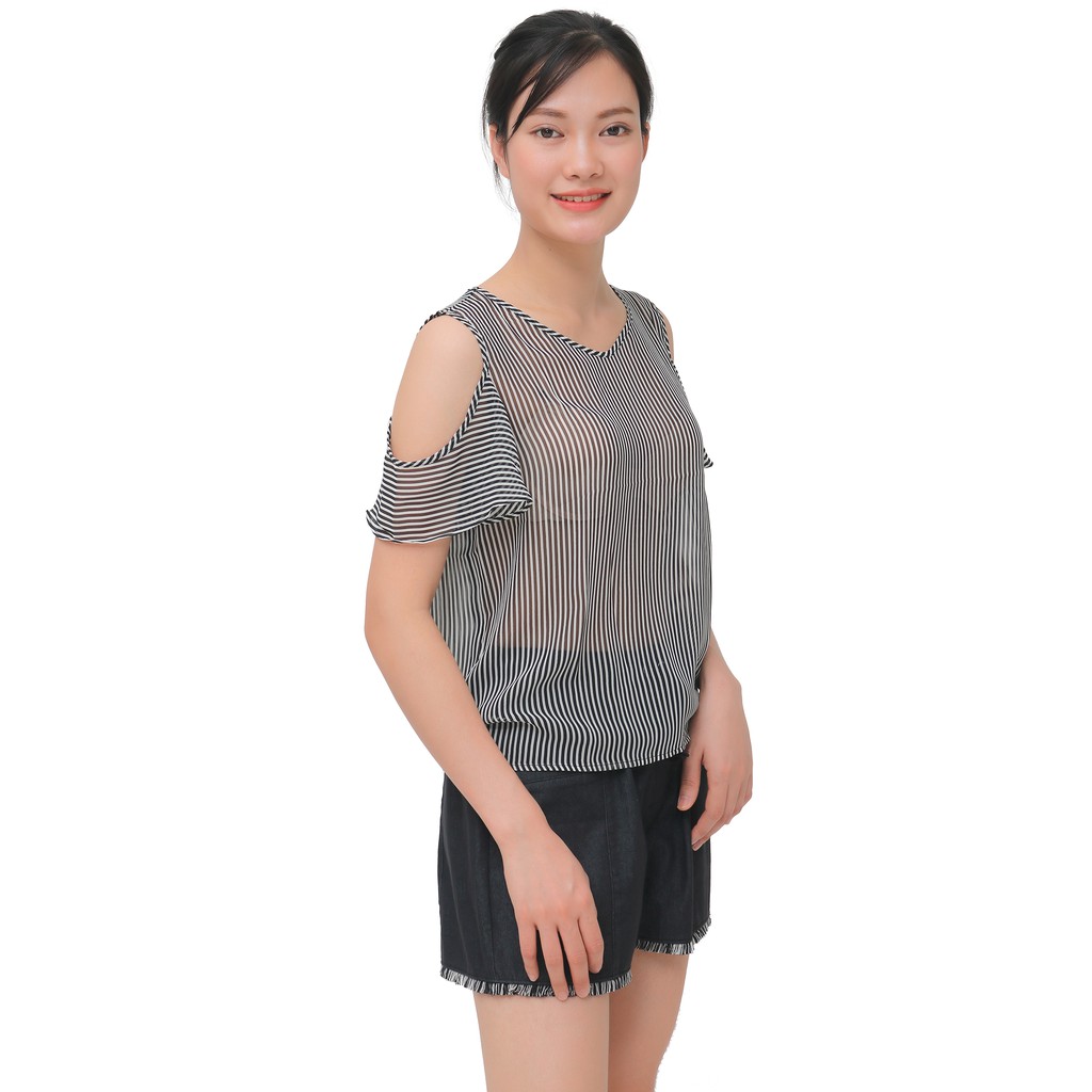 Áo nữ kiểu xuyên thấu kẻ đen NARSIS L9020